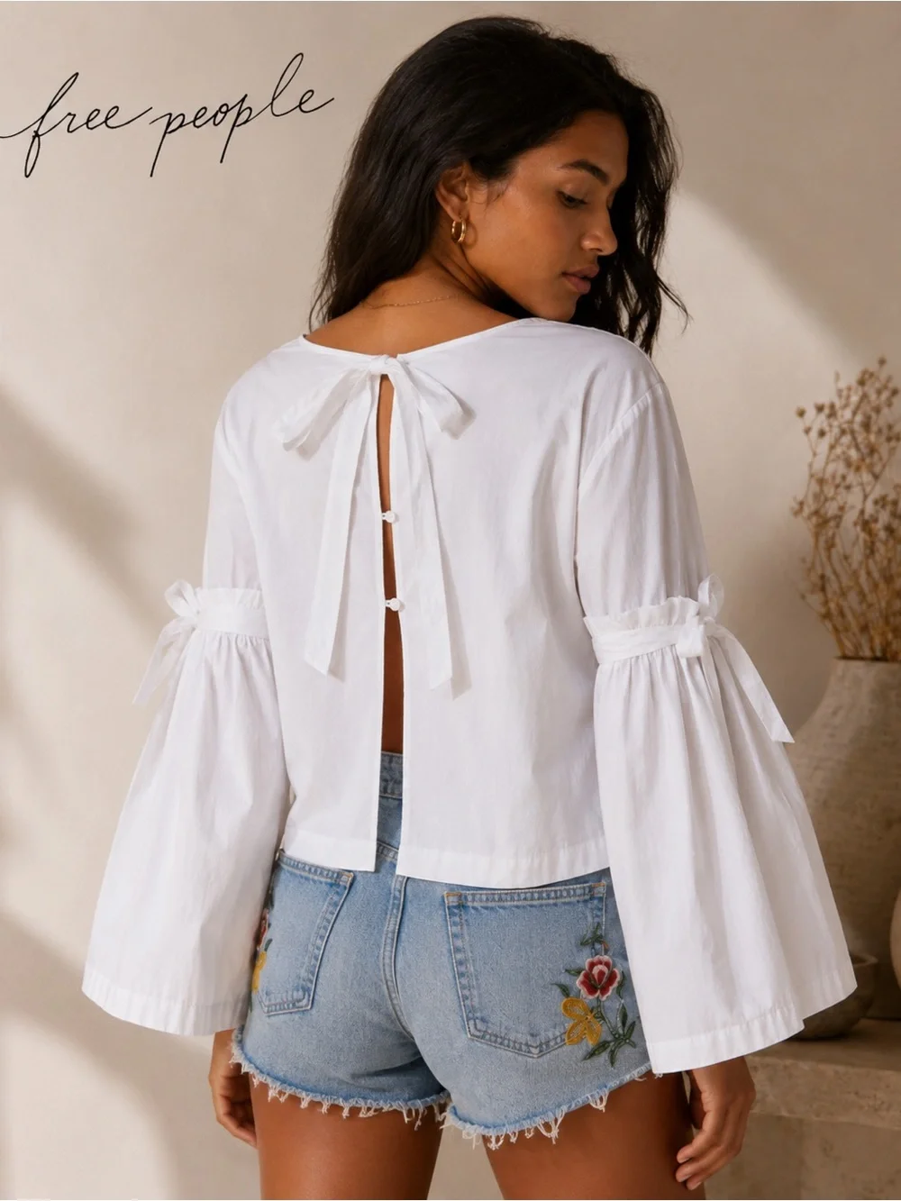 Free People So Obviously Yours Bell Sleeve Top White Tie Back Cotton Small Boho
